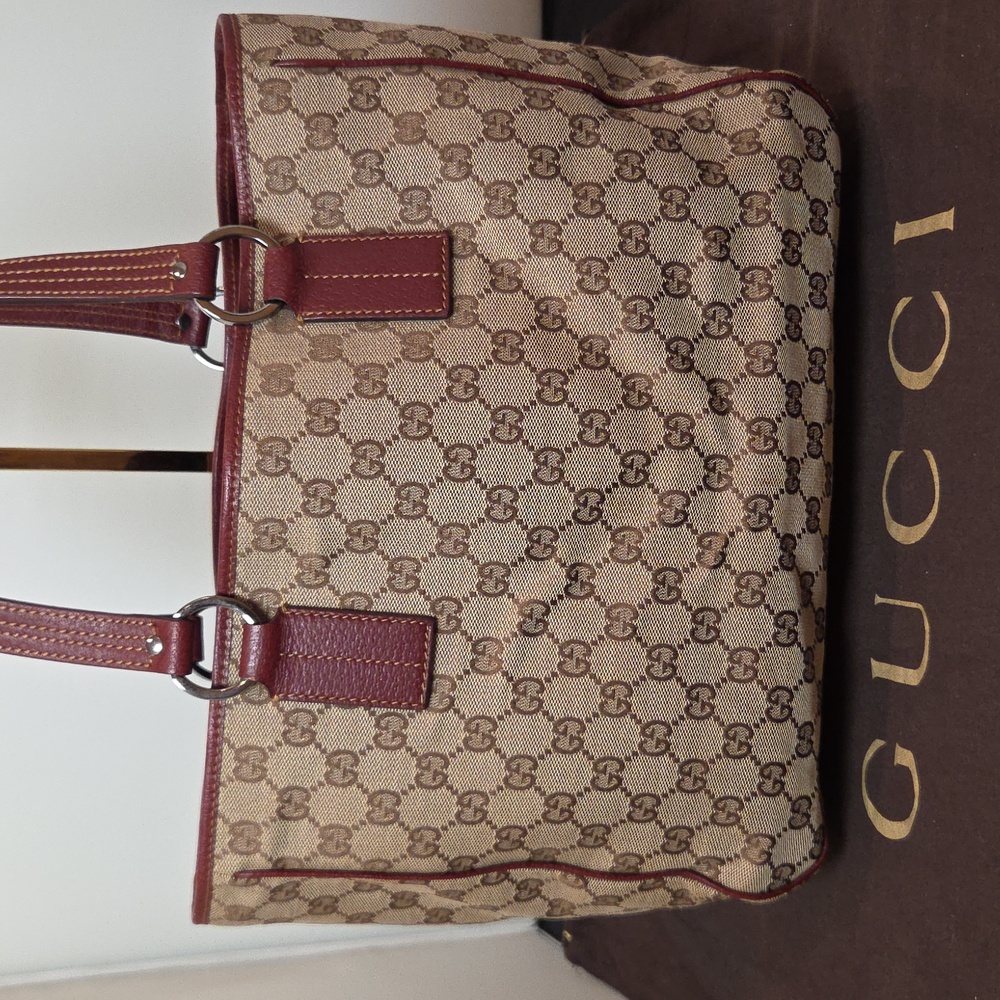 GUCCI 2005 Coated Canvas/Leather Equestrian structured Open Tote Bag Bordeaux - Picture 6 of 17